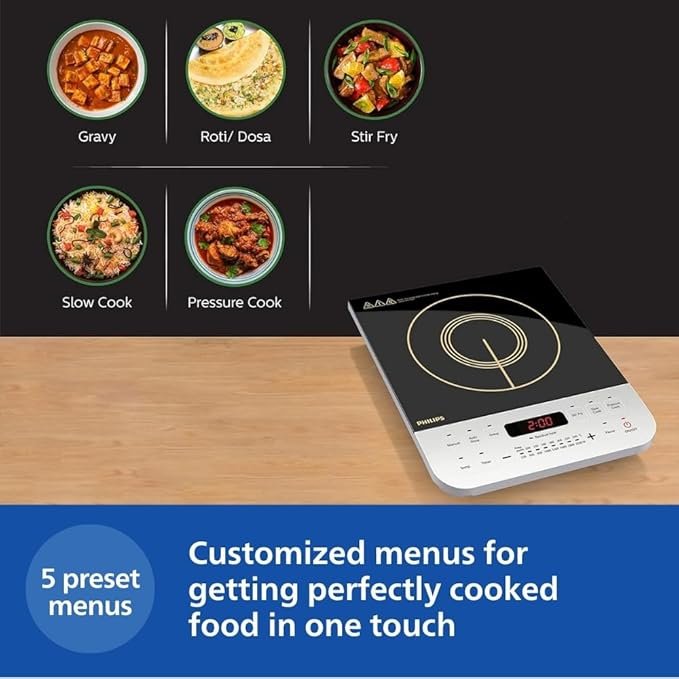 Philips Viva Collection HD4928/01 Induction Cooktop, Black 2100W | Fast Gas-Free Cooking | No LPG Required | Preset Indian Menus | Crystal Glass Plate | Auto-Off - Image 2