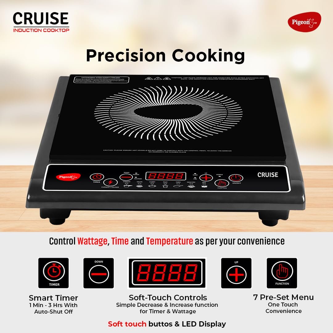 Pigeon by Stovekraft Cruise 1800 watt Induction Cooktop With Crystal Glass,7 Segments LED Display, Auto Switch Off - Black - Image 3